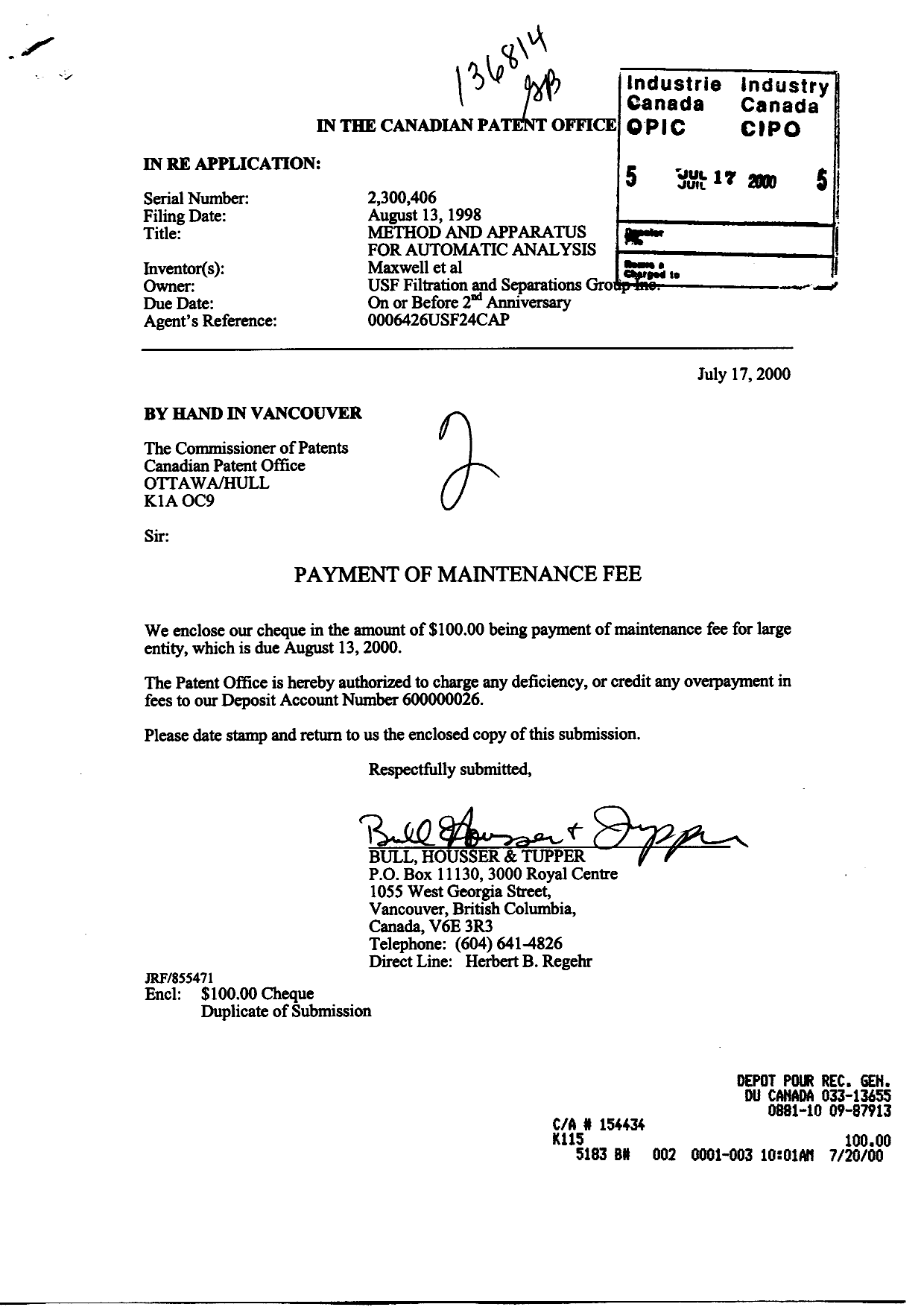 Document de brevet canadien 2300406. Taxes 20000717. Image 1 de 1