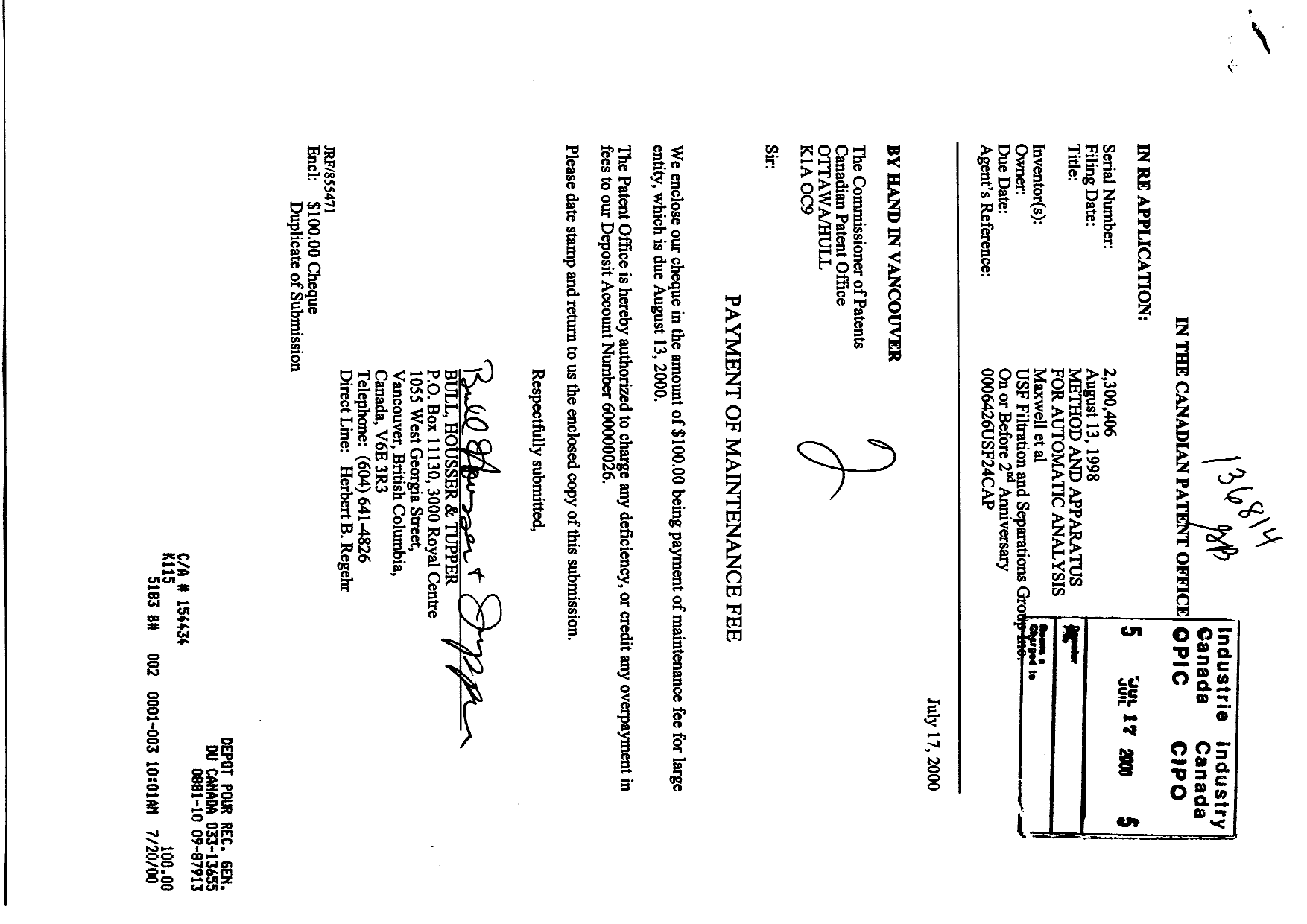 Canadian Patent Document 2300406. Fees 20000717. Image 1 of 1