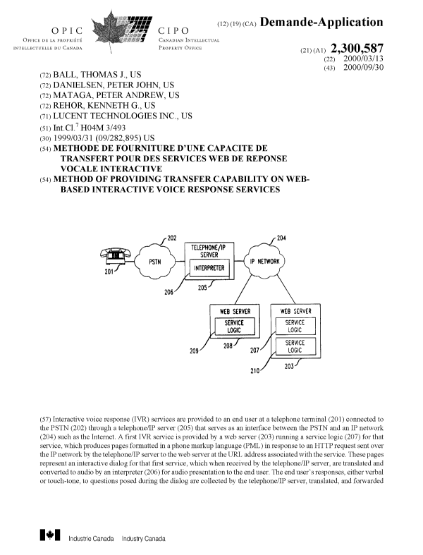 Document de brevet canadien 2300587. Page couverture 20000925. Image 1 de 2