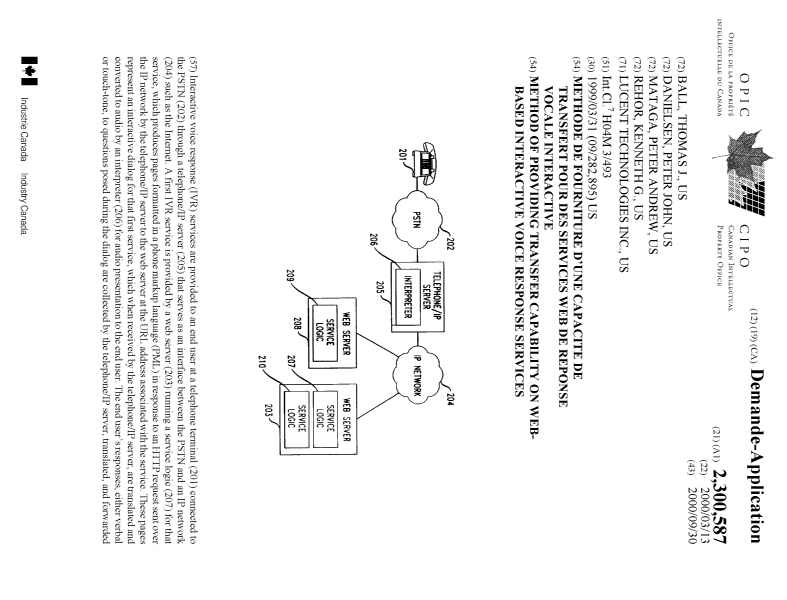 Canadian Patent Document 2300587. Cover Page 20000925. Image 1 of 2