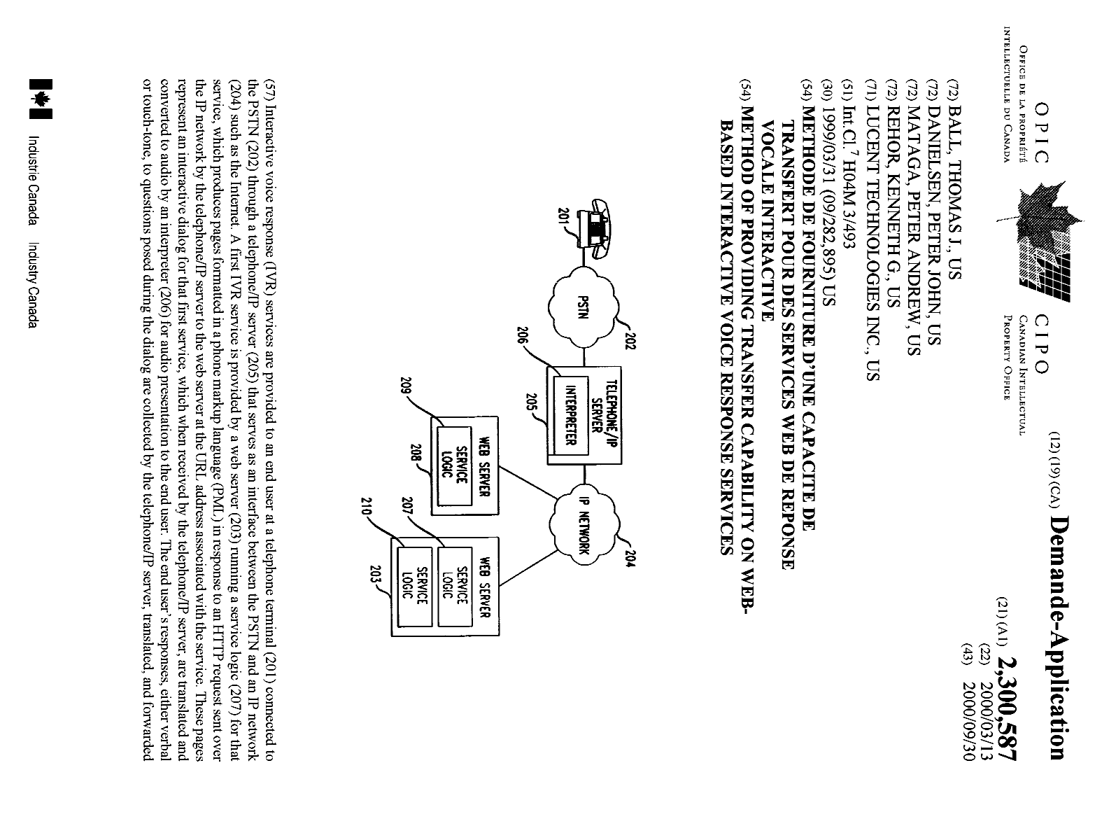 Canadian Patent Document 2300587. Cover Page 20000925. Image 1 of 2
