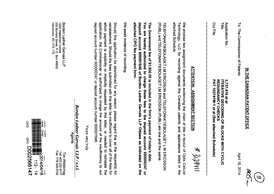 Document de brevet canadien 2300884. Cession 20131216. Image 1 de 183