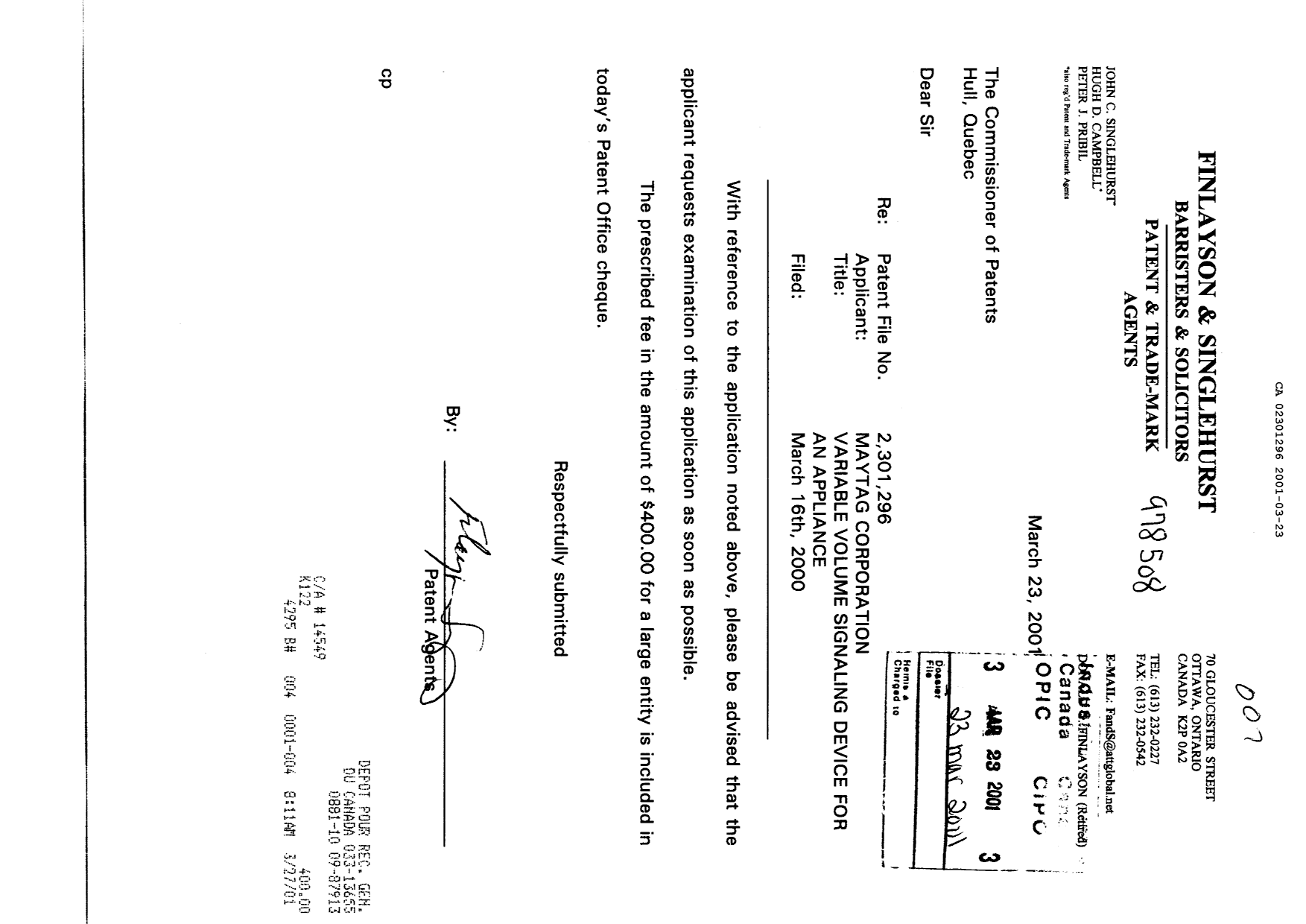 Canadian Patent Document 2301296. Prosecution-Amendment 20010323. Image 1 of 1