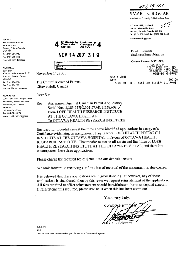 Document de brevet canadien 2301575. Cession 20011114. Image 1 de 4
