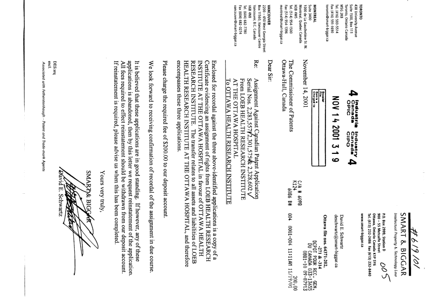 Document de brevet canadien 2301575. Cession 20011114. Image 1 de 4