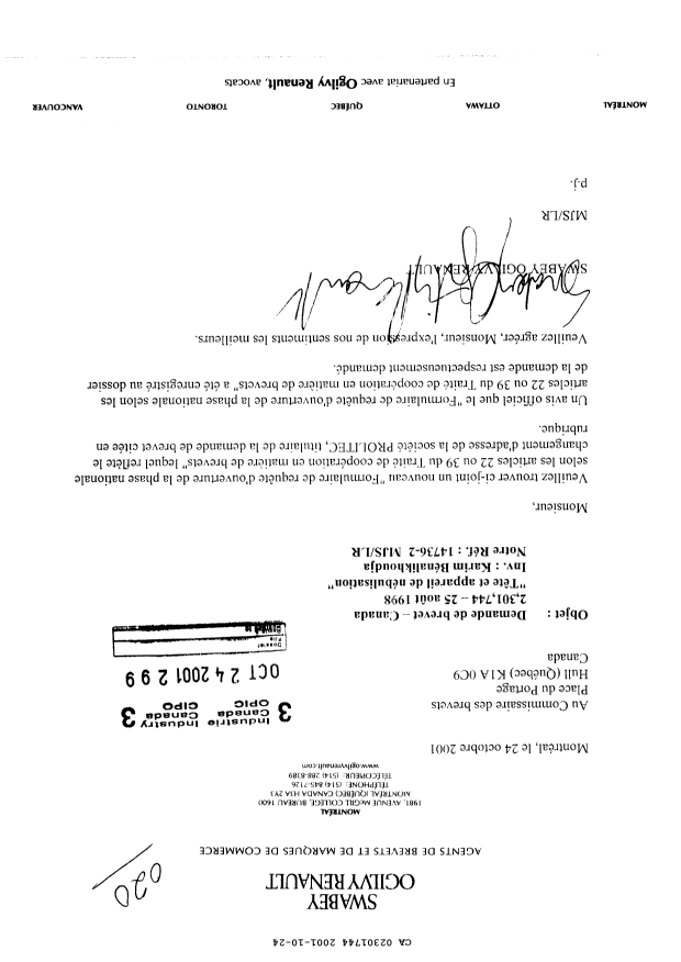 Canadian Patent Document 2301744. Correspondence 20011024. Image 1 of 3
