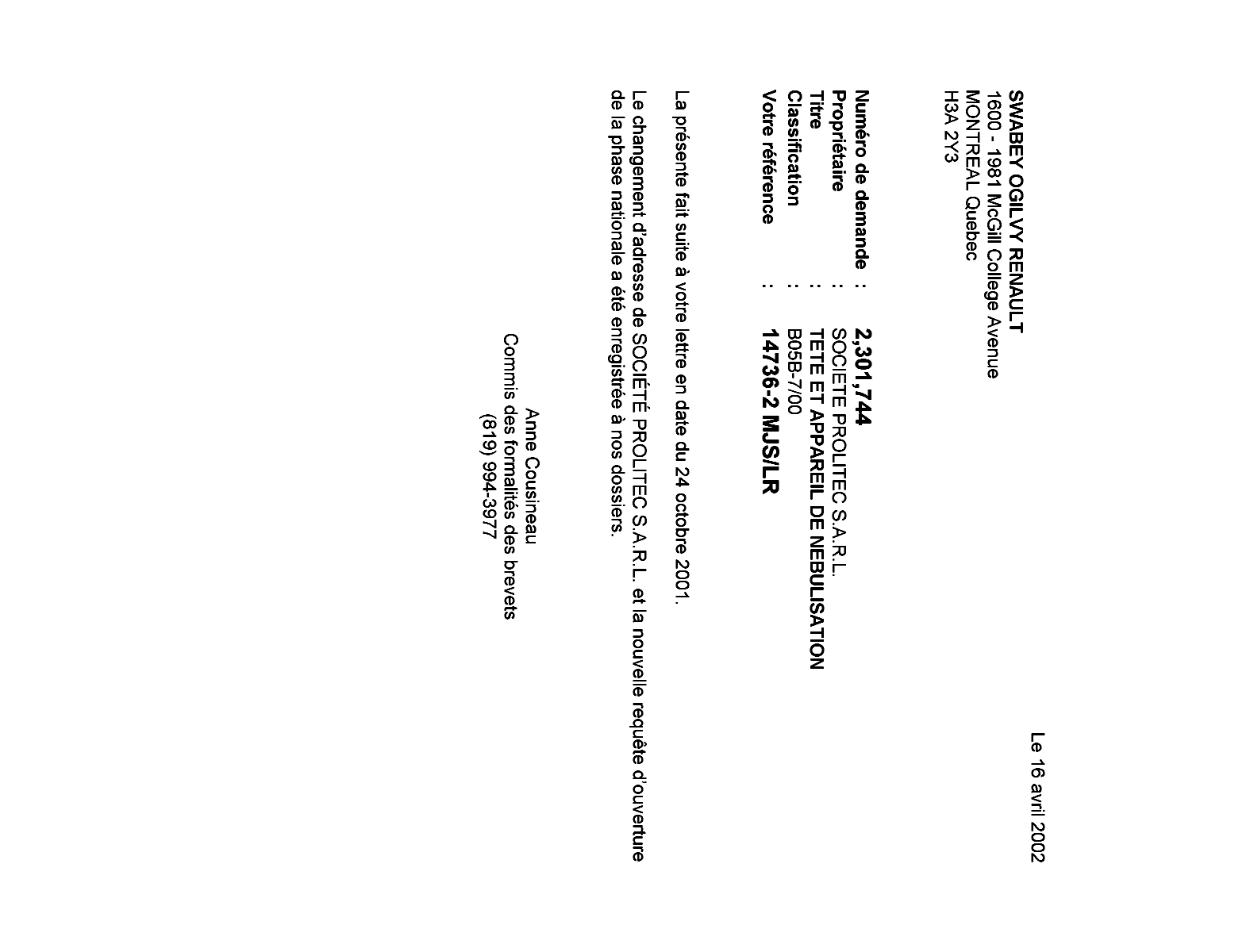 Canadian Patent Document 2301744. Correspondence 20020411. Image 1 of 1