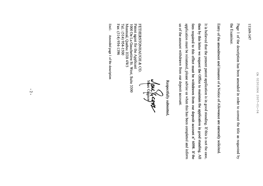 Canadian Patent Document 2301864. Correspondence 20070104. Image 2 of 3