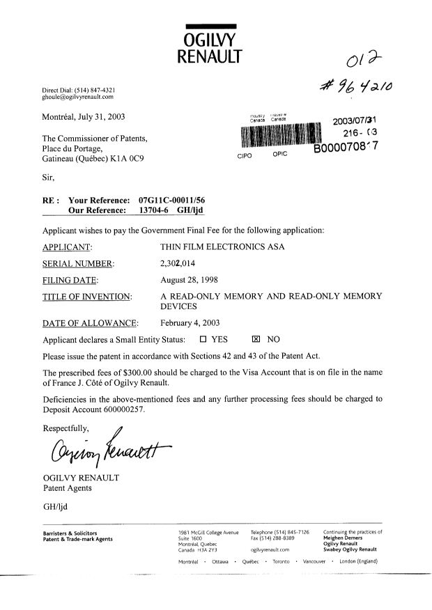 Document de brevet canadien 2302014. Correspondance 20030731. Image 1 de 1