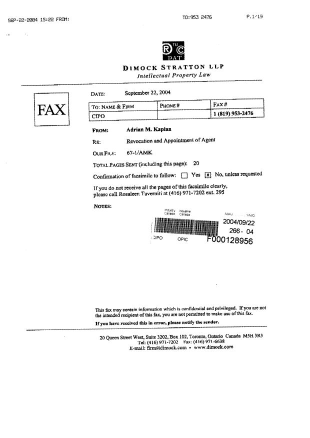 Document de brevet canadien 2302377. Correspondance 20040922. Image 19 de 19