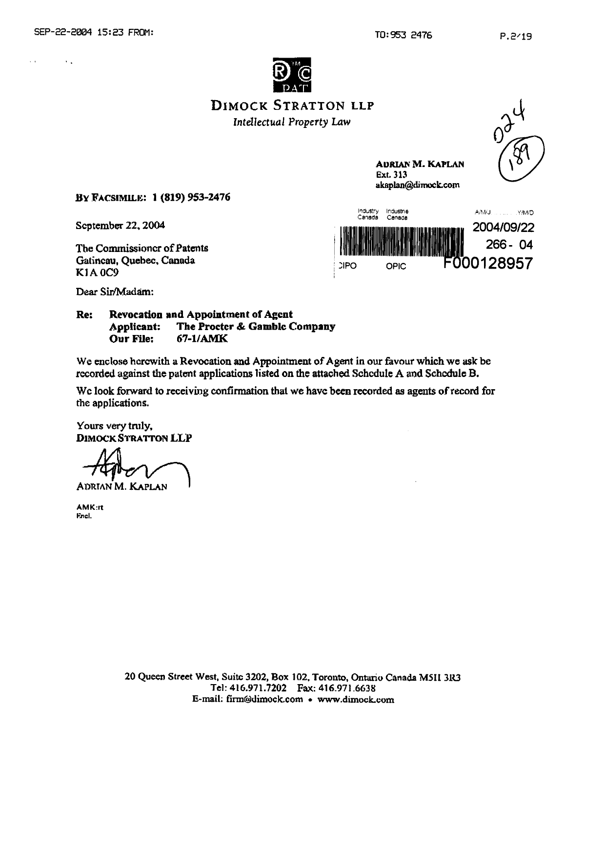 Document de brevet canadien 2302377. Correspondance 20040922. Image 1 de 19