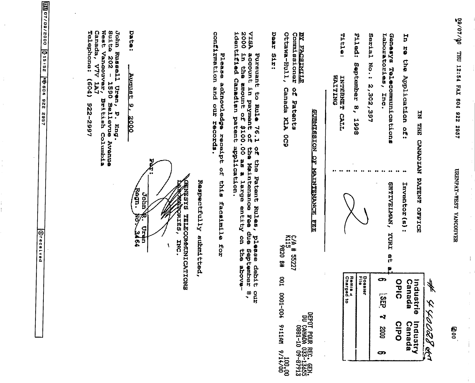 Canadian Patent Document 2302397. Fees 20000907. Image 1 of 1