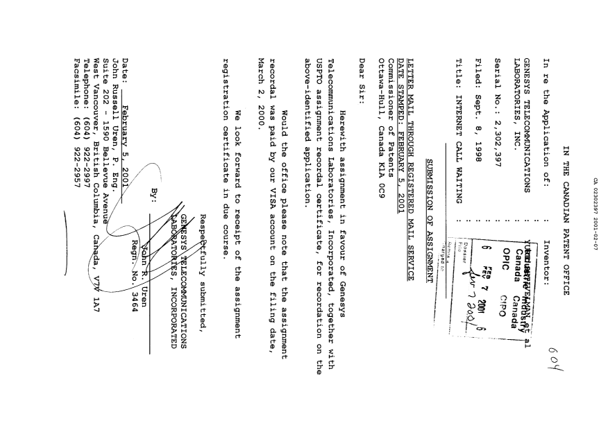 Document de brevet canadien 2302397. Cession 20010207. Image 1 de 7