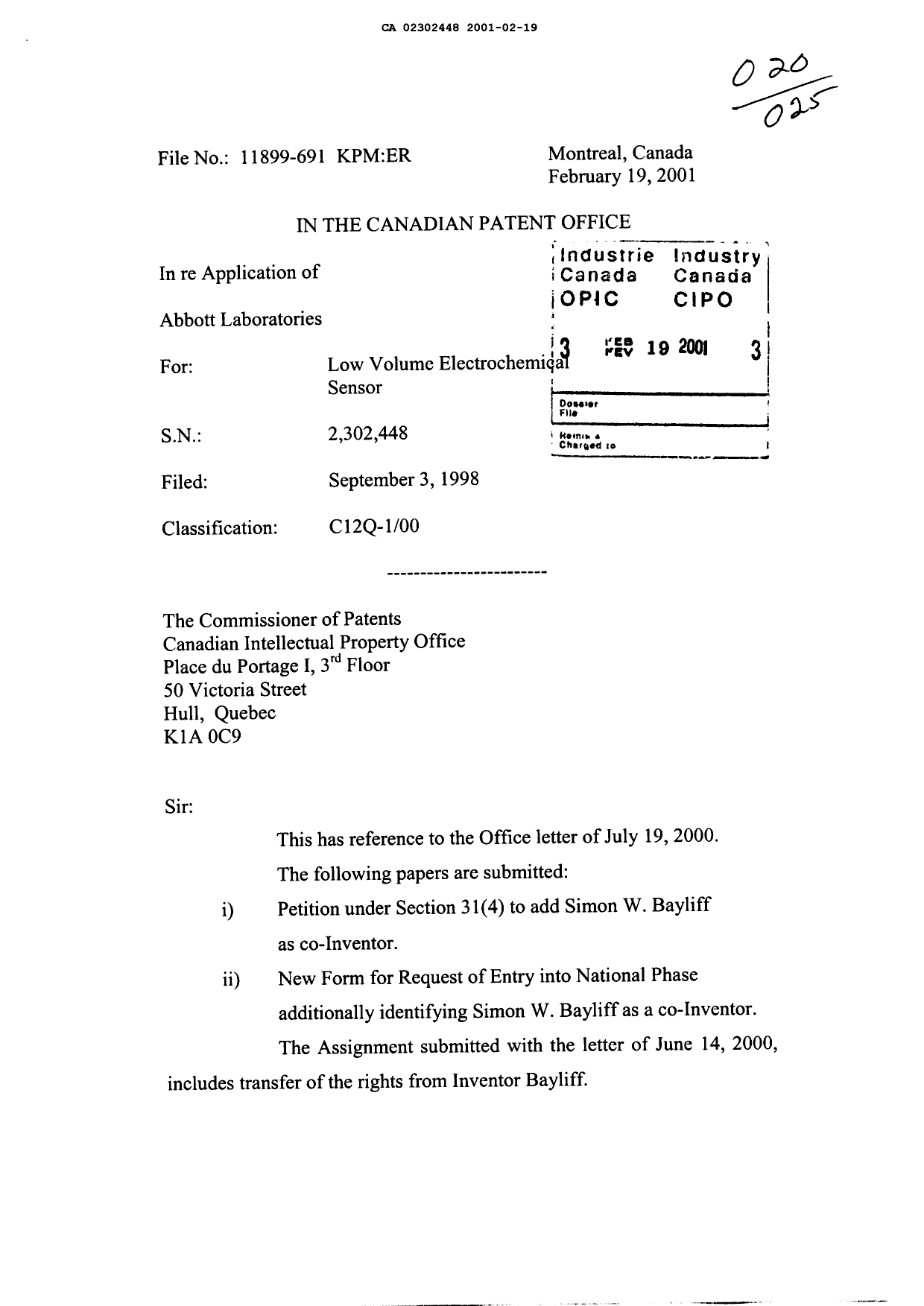 Document de brevet canadien 2302448. Cession 20010219. Image 1 de 2