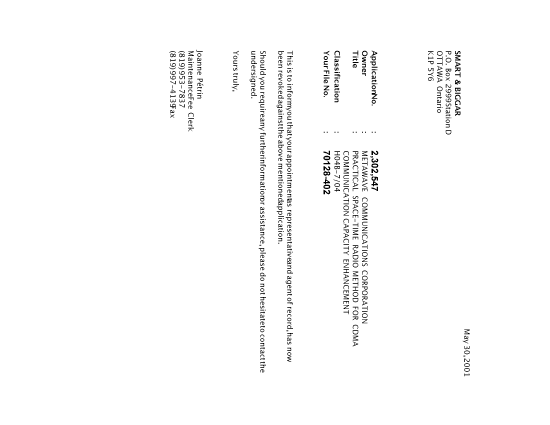 Document de brevet canadien 2302547. Correspondance 20010530. Image 1 de 1