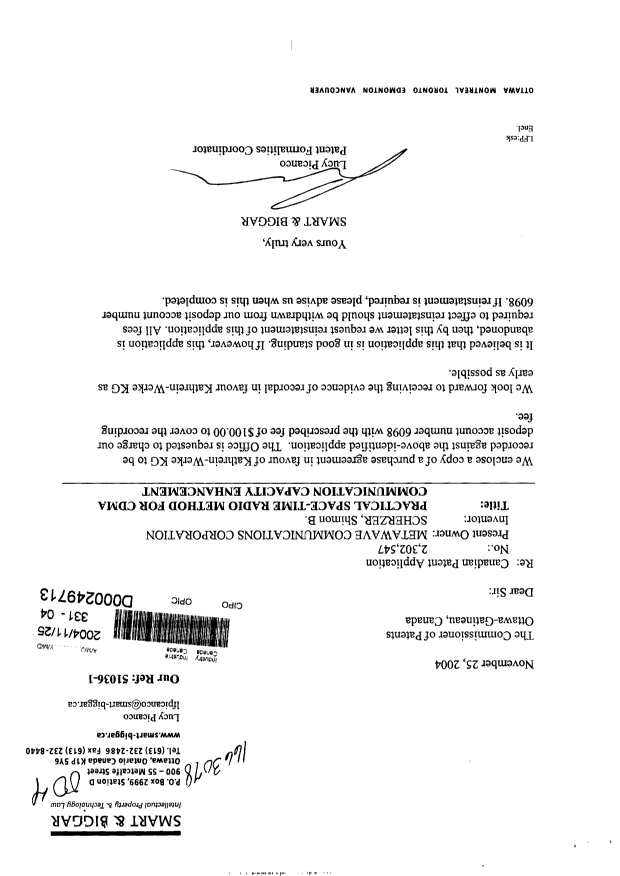 Canadian Patent Document 2302547. Assignment 20041125. Image 1 of 13