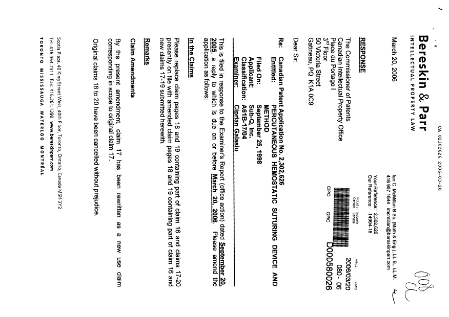 Document de brevet canadien 2302626. Poursuite-Amendment 20051220. Image 1 de 4