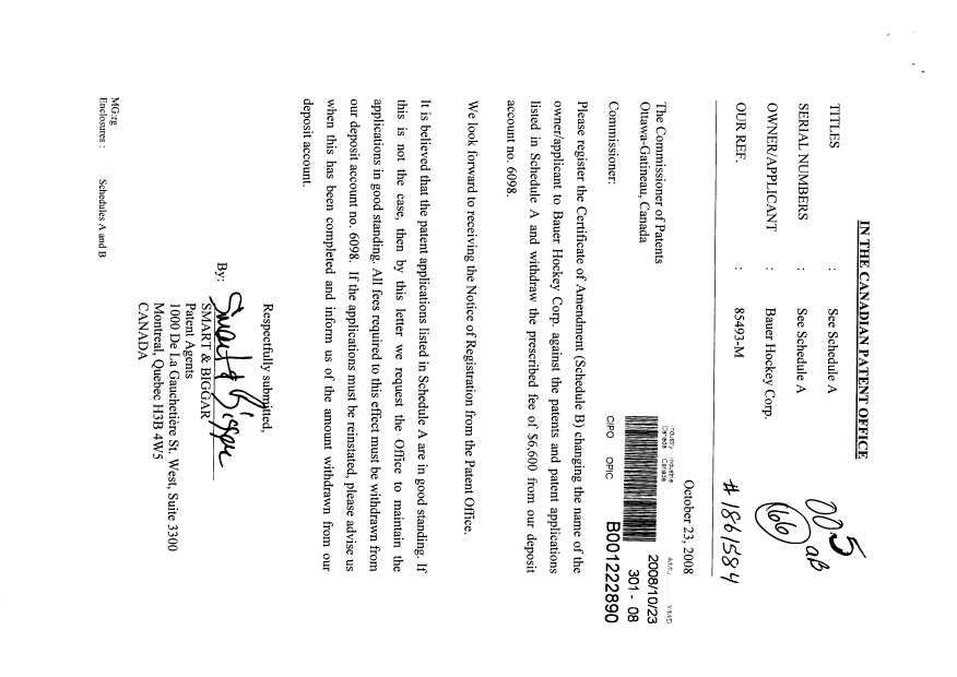Document de brevet canadien 2302953. Cession 20071223. Image 1 de 11
