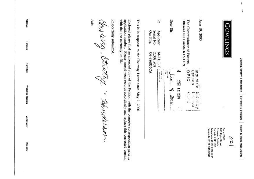 Canadian Patent Document 2302968. Correspondence 20000619. Image 1 of 2