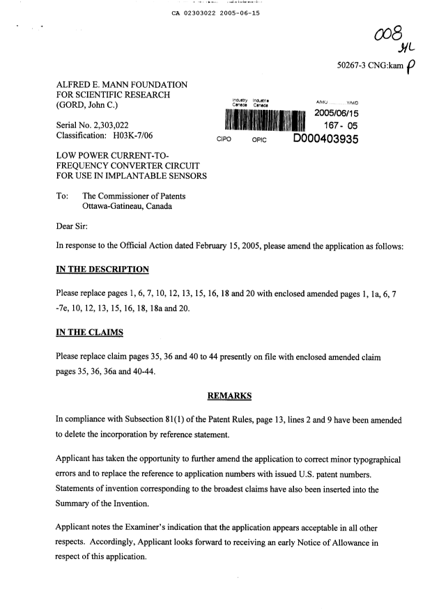 Document de brevet canadien 2303022. Poursuite-Amendment 20050615. Image 1 de 27