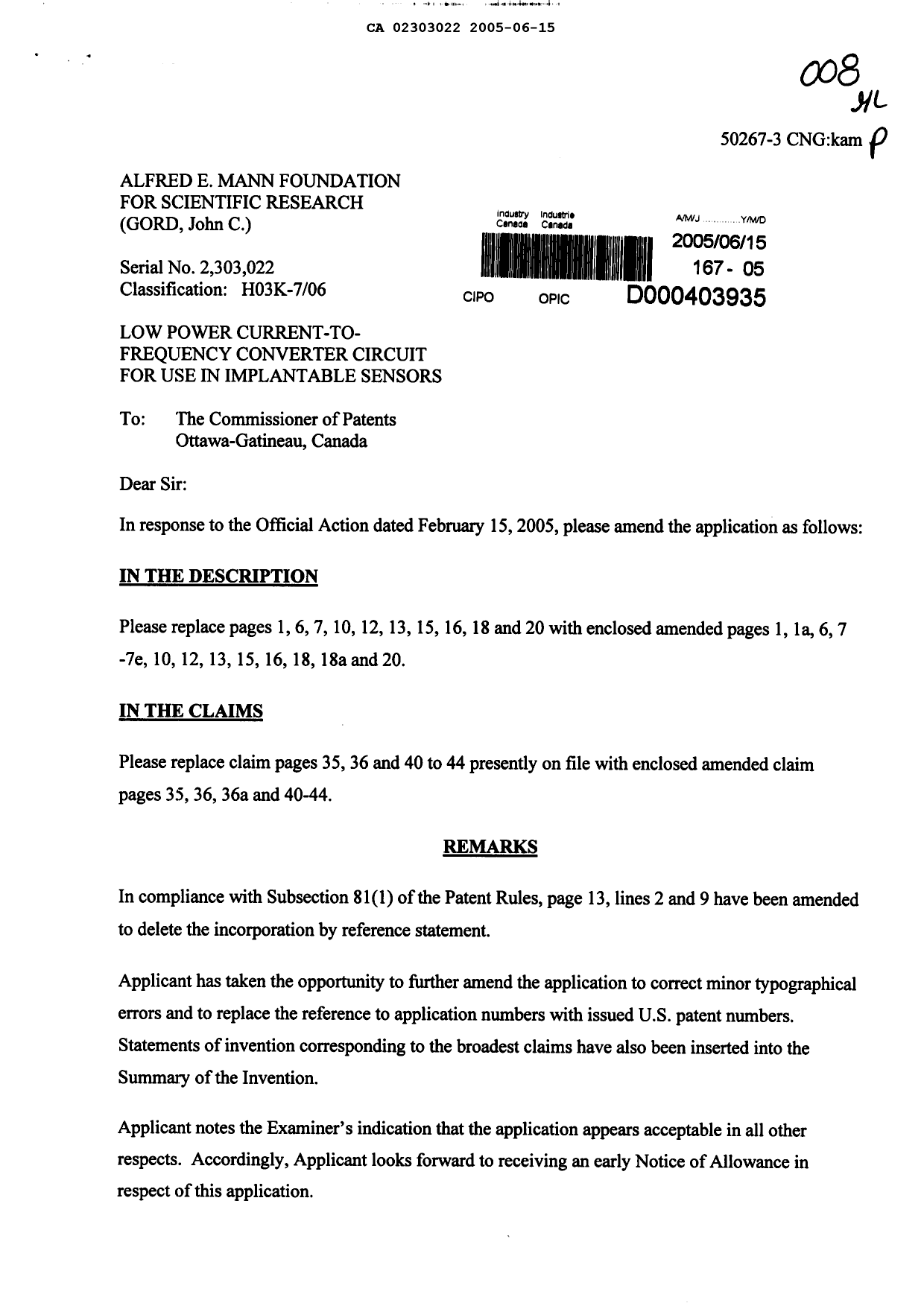 Canadian Patent Document 2303022. Prosecution-Amendment 20050615. Image 1 of 27