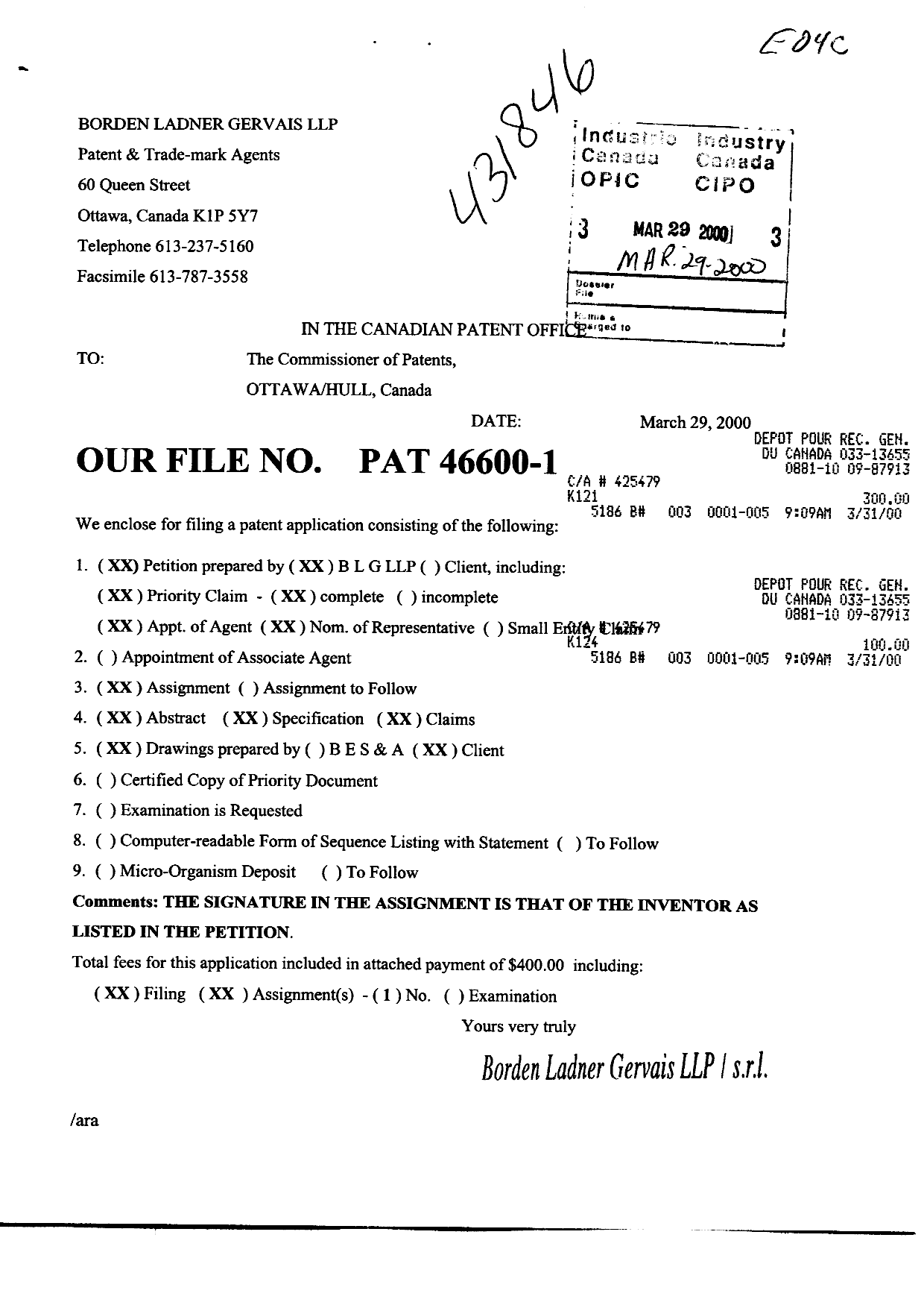 Document de brevet canadien 2303040. Cession 20000329. Image 1 de 6