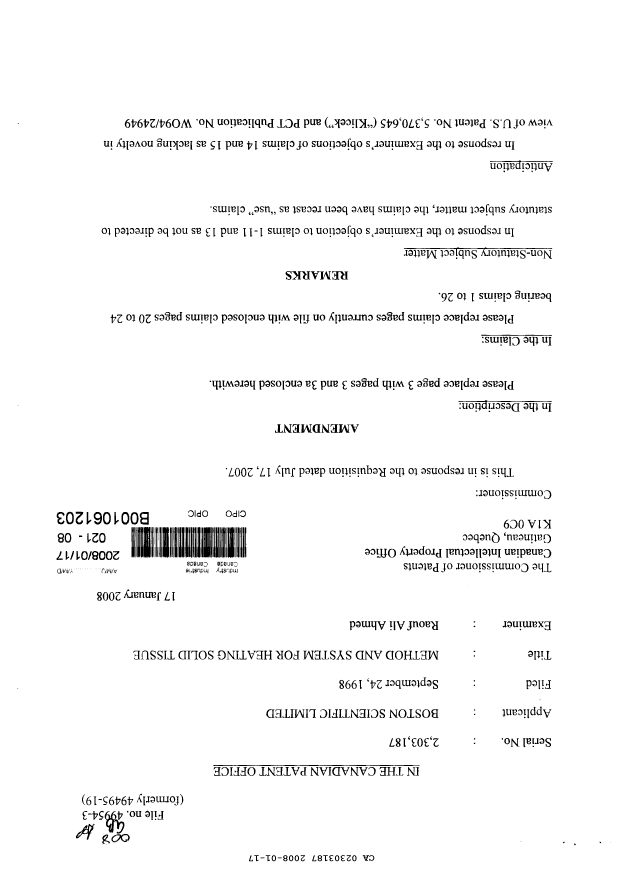 Canadian Patent Document 2303187. Prosecution-Amendment 20071217. Image 1 of 11