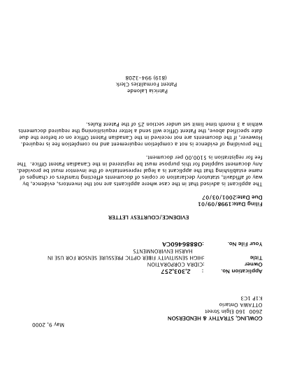 Canadian Patent Document 2303257. Correspondence 20000502. Image 1 of 1