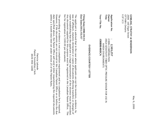 Document de brevet canadien 2303257. Correspondance 20000502. Image 1 de 1