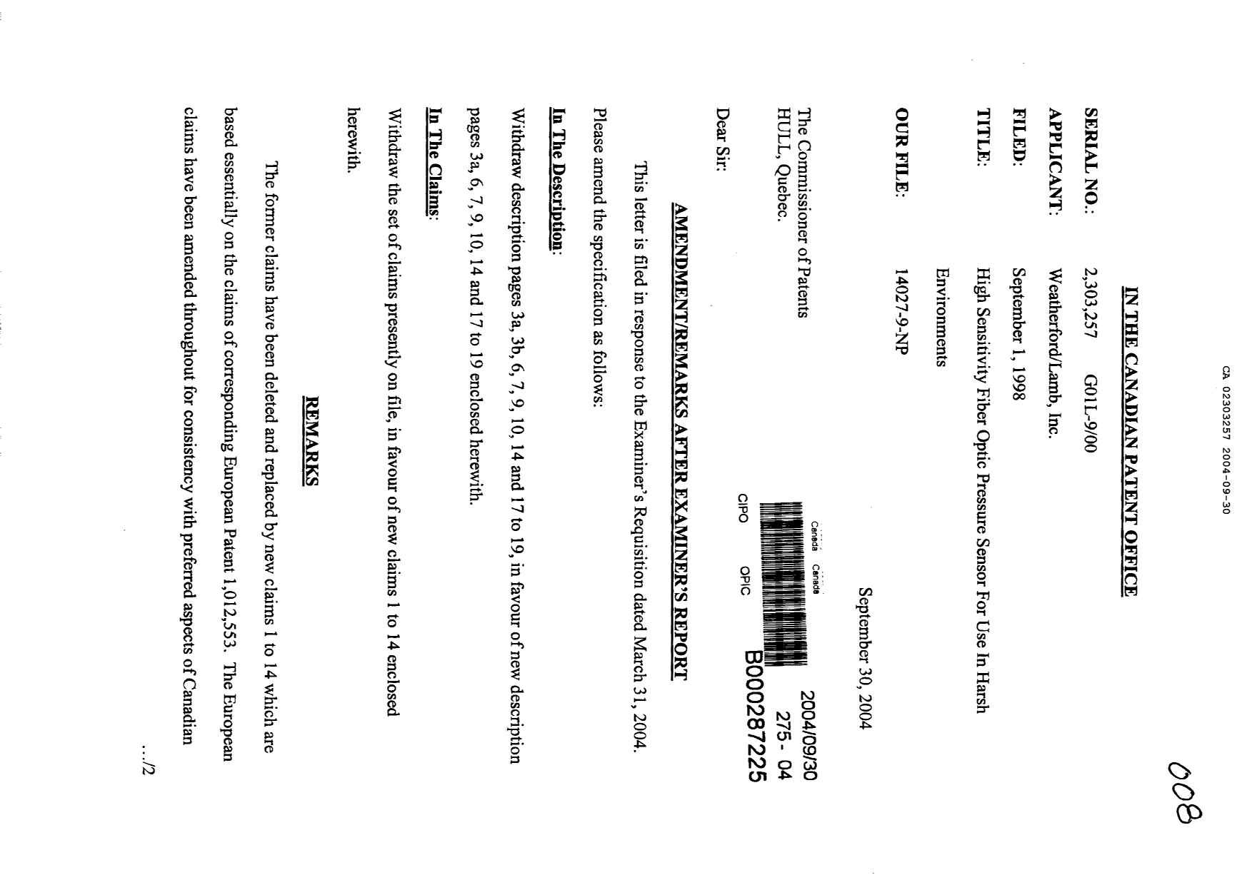 Canadian Patent Document 2303257. Prosecution-Amendment 20040930. Image 1 of 14
