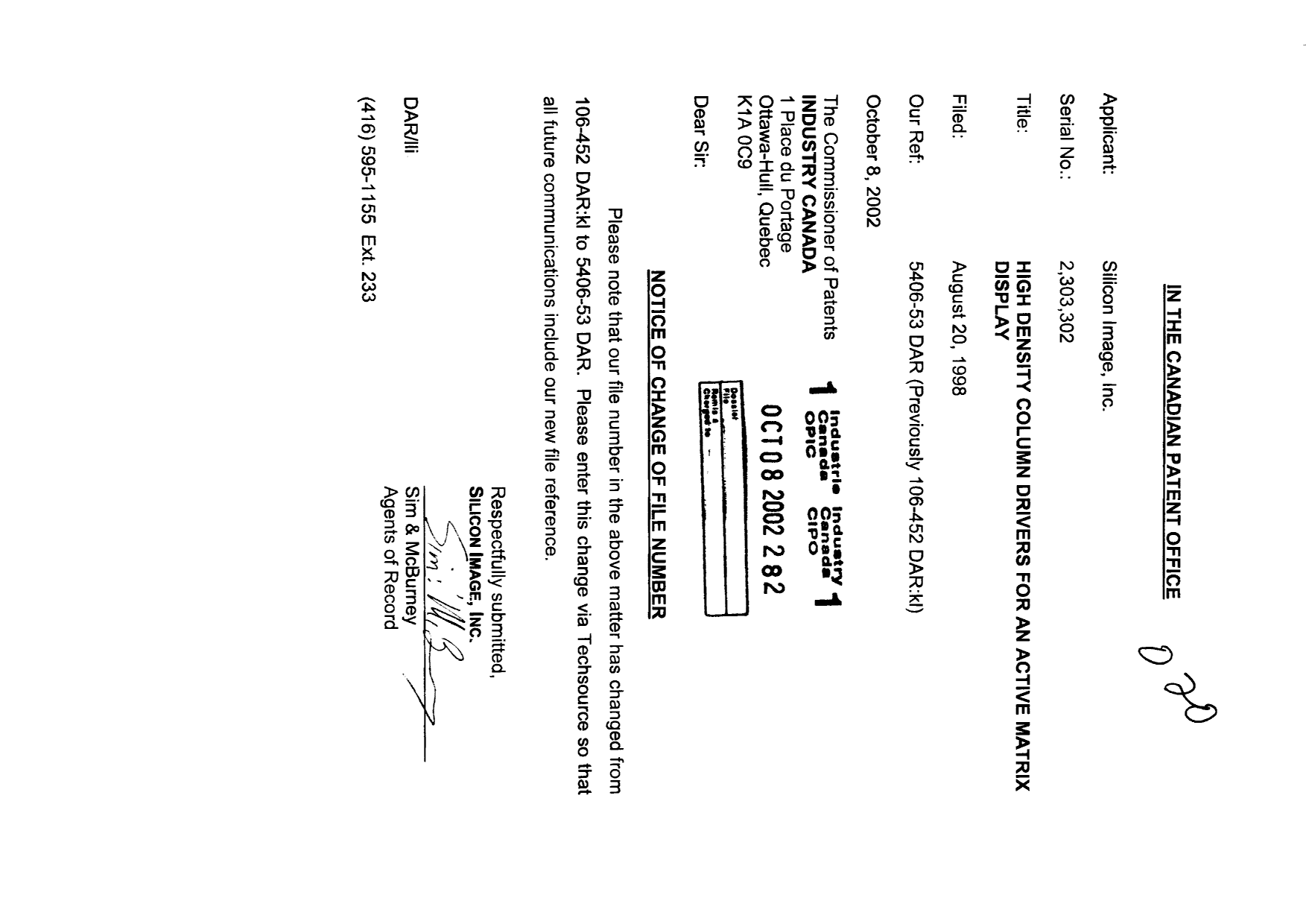 Document de brevet canadien 2303302. Correspondance 20021008. Image 1 de 1