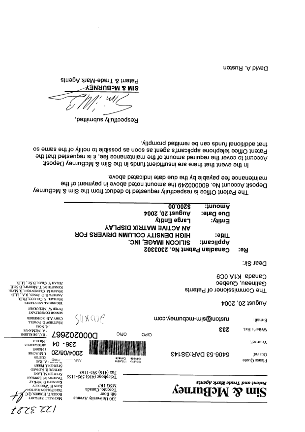 Document de brevet canadien 2303302. Taxes 20031220. Image 1 de 1