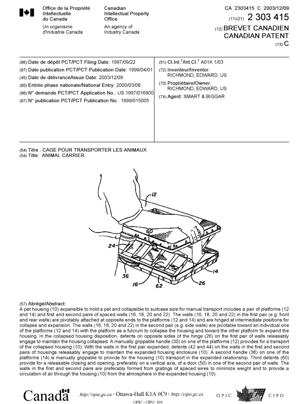 Canadian Patent Document 2303415. Cover Page 20031107. Image 1 of 1