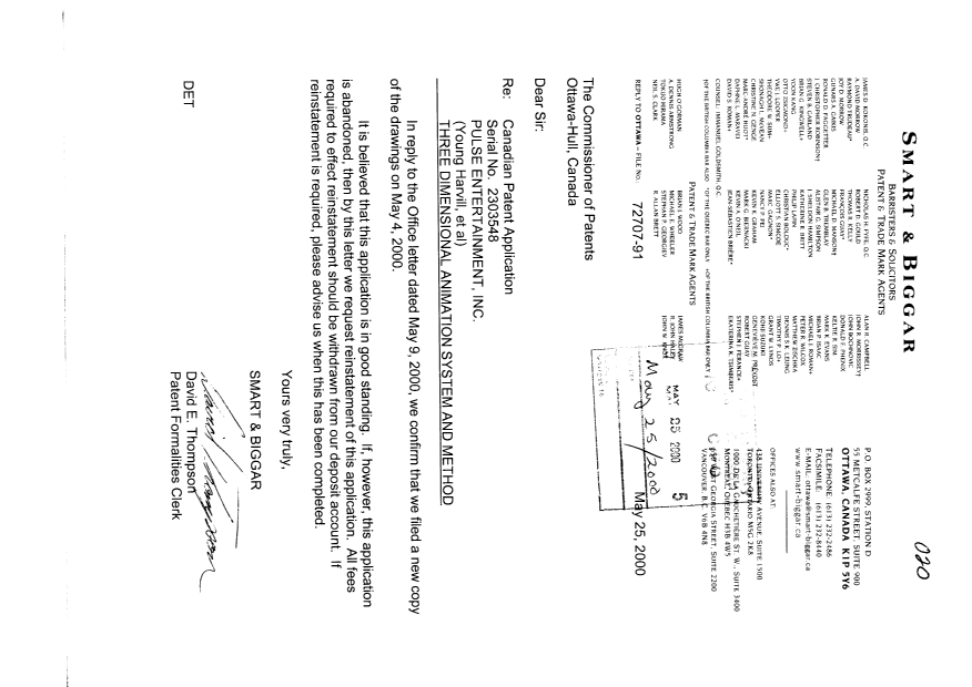 Document de brevet canadien 2303548. Correspondance 20000525. Image 1 de 1