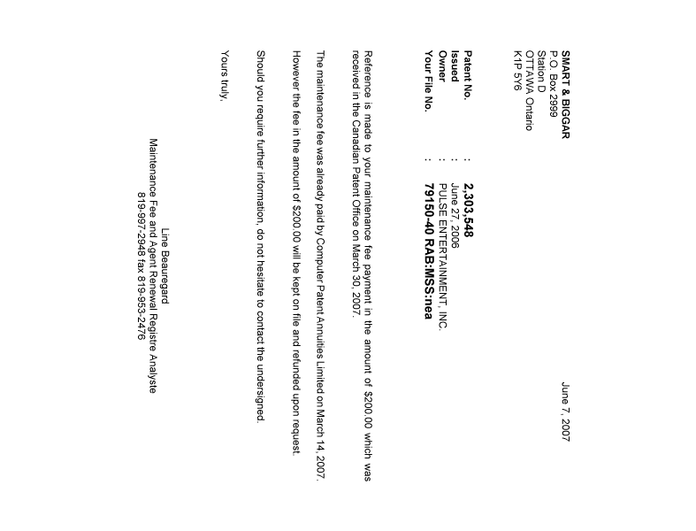 Document de brevet canadien 2303548. Correspondance 20070607. Image 1 de 1