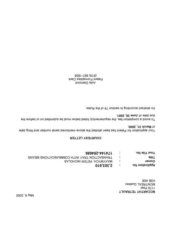 Canadian Patent Document 2303610. Correspondence 20000502. Image 1 of 1