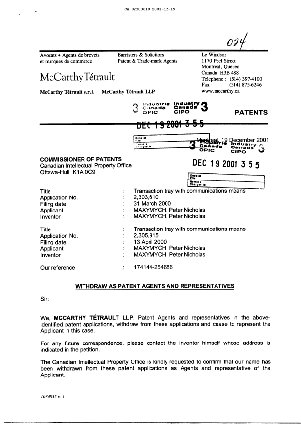 Document de brevet canadien 2303610. Correspondance 20011219. Image 1 de 2