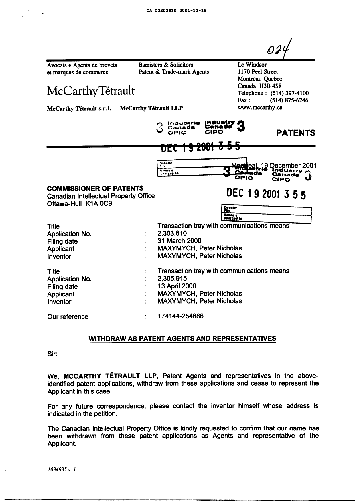 Document de brevet canadien 2303610. Correspondance 20011219. Image 1 de 2