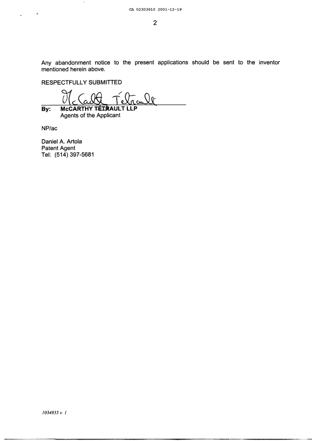 Document de brevet canadien 2303610. Correspondance 20011219. Image 2 de 2