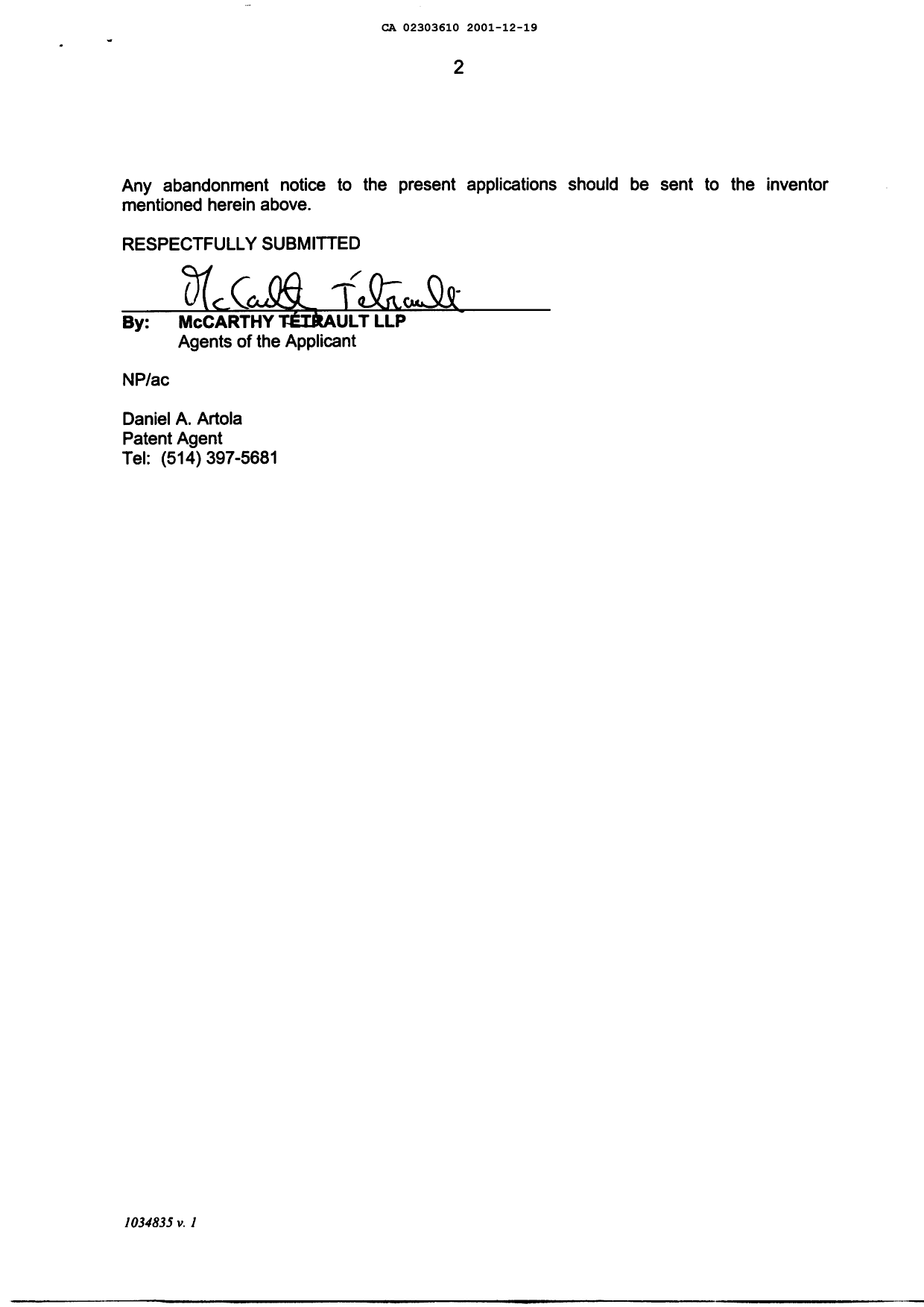 Canadian Patent Document 2303610. Correspondence 20011219. Image 2 of 2