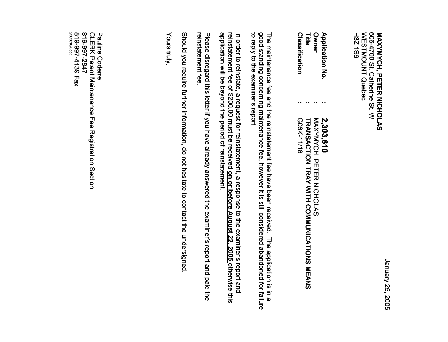 Canadian Patent Document 2303610. Correspondence 20050125. Image 1 of 1