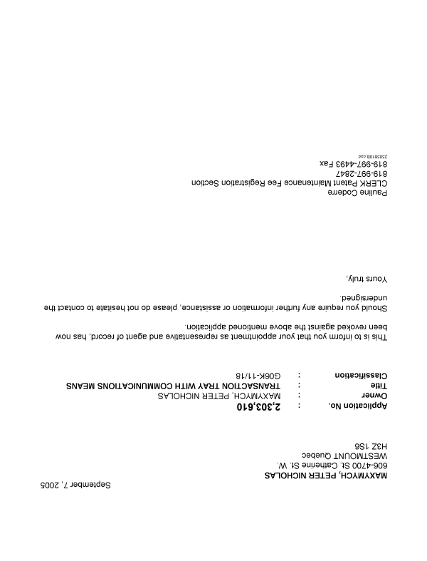 Canadian Patent Document 2303610. Correspondence 20050907. Image 1 of 1