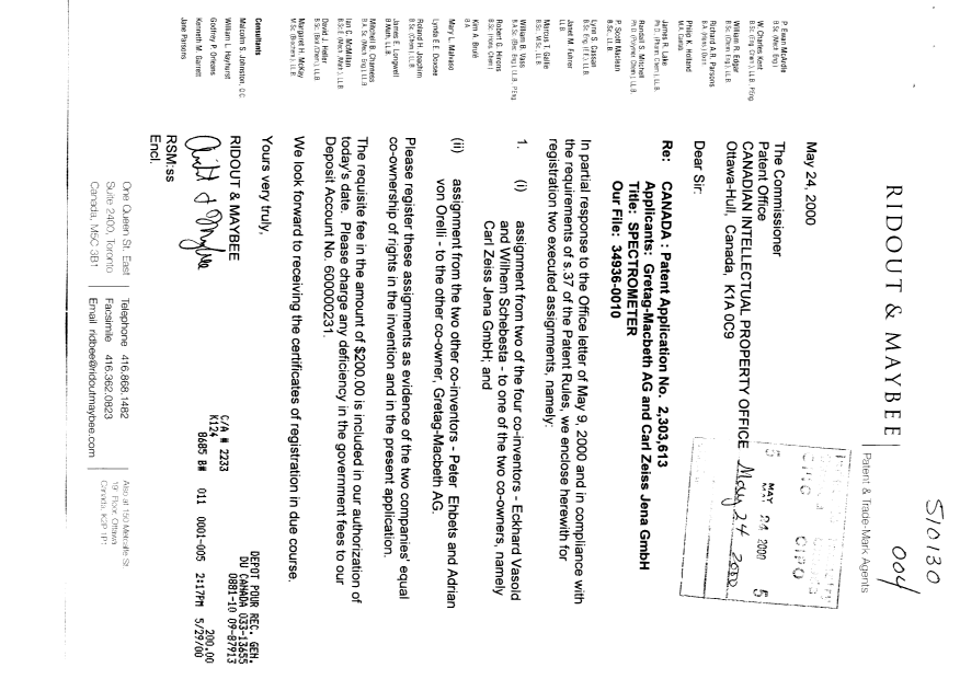 Document de brevet canadien 2303613. Cession 20000524. Image 1 de 3