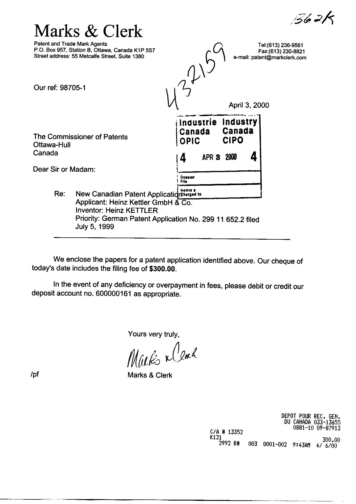 Document de brevet canadien 2303687. Cession 20000403. Image 1 de 3