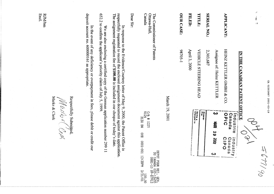 Document de brevet canadien 2303687. Cession 20010319. Image 1 de 2