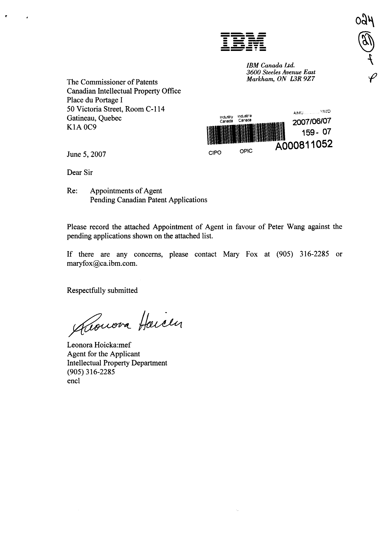 Document de brevet canadien 2303725. Correspondance 20070607. Image 1 de 3