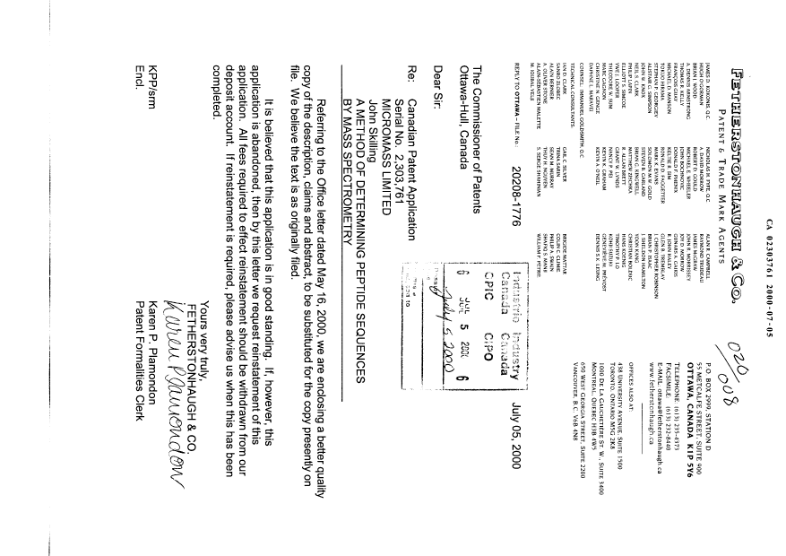 Canadian Patent Document 2303761. Prosecution-Amendment 20000705. Image 1 of 35