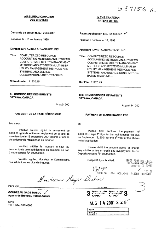 Canadian Patent Document 2303847. Fees 20010814. Image 1 of 1