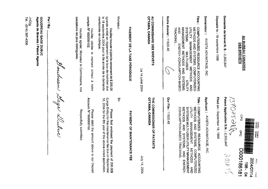 Document de brevet canadien 2303847. Taxes 20040714. Image 1 de 1