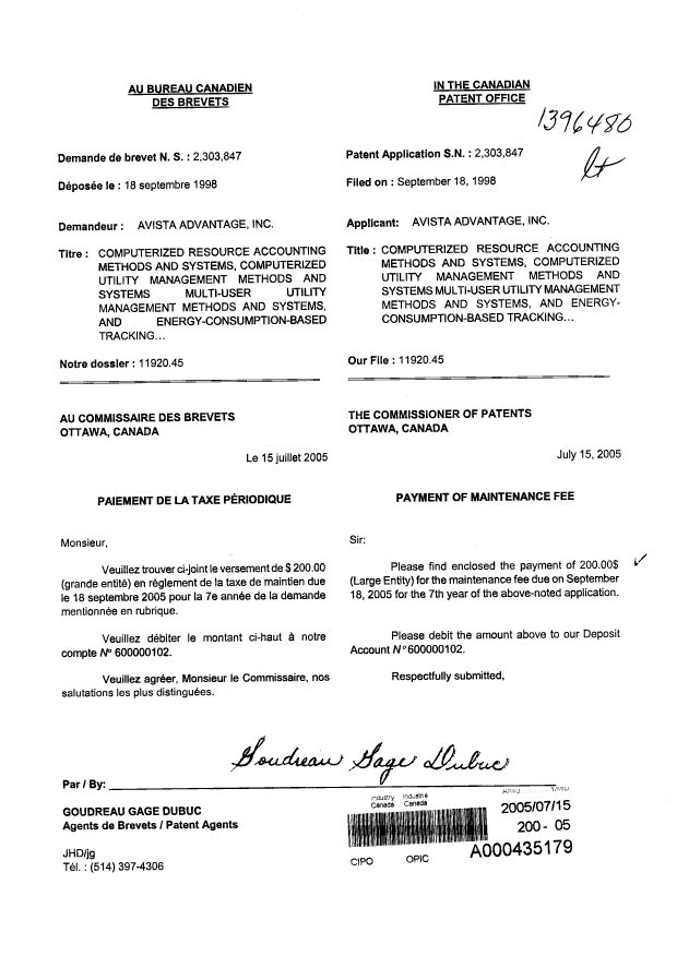 Canadian Patent Document 2303847. Fees 20050715. Image 1 of 1
